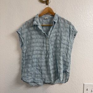 Poetry Round Neck Top Checkered Seersucker Linen Cotton Blue Ocean Size 6